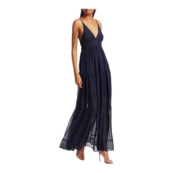 NWT LE SUPERBE Starry Night Navy Blue Metallic Chiffon Tie Back Maxi Gown Size 6 - Picture 8 of 14